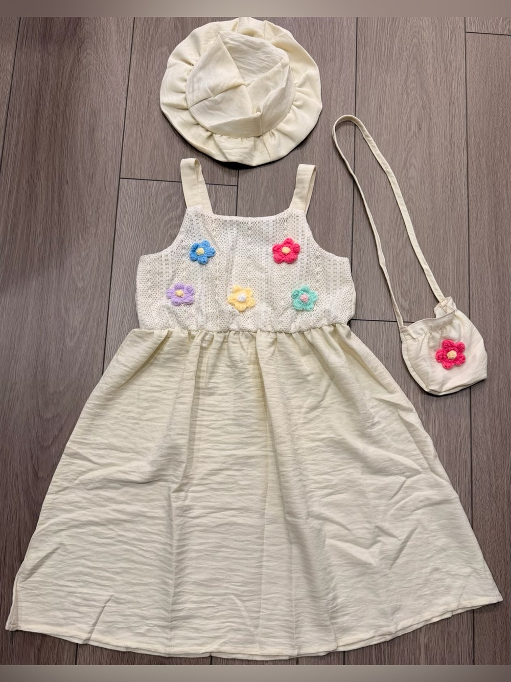 New- girls trio set-Cream Floral Crochet Kids Dress with Hat + Purse- 7/8 years